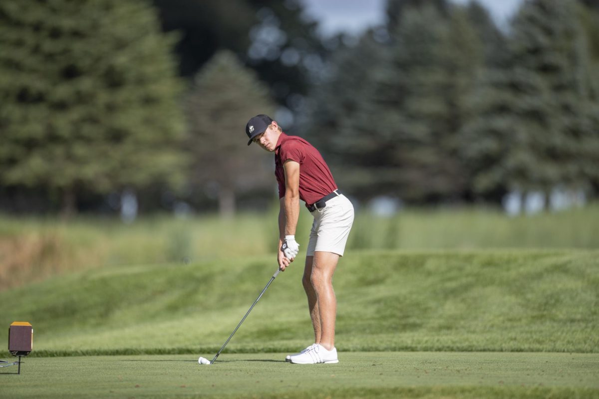 NIU men’s golf sophomore Conner McCall lines up a shot during practice at Rich Harvest Farms. McCall recorded a career-best 68 strokes in the third round at the Quail Valley Invitational on Monday.  (Courtesy of NIU Athletics)