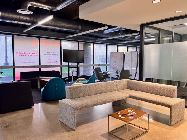 The Catalyst Lounge of the 71 North Partnership Studio sits empty in the lower level of the Founder’s Memorial Library. The studio hosts weekly Tech Taco events from 5 p.m to 6:30 p.m. (Sofia Howell | Northern Star)