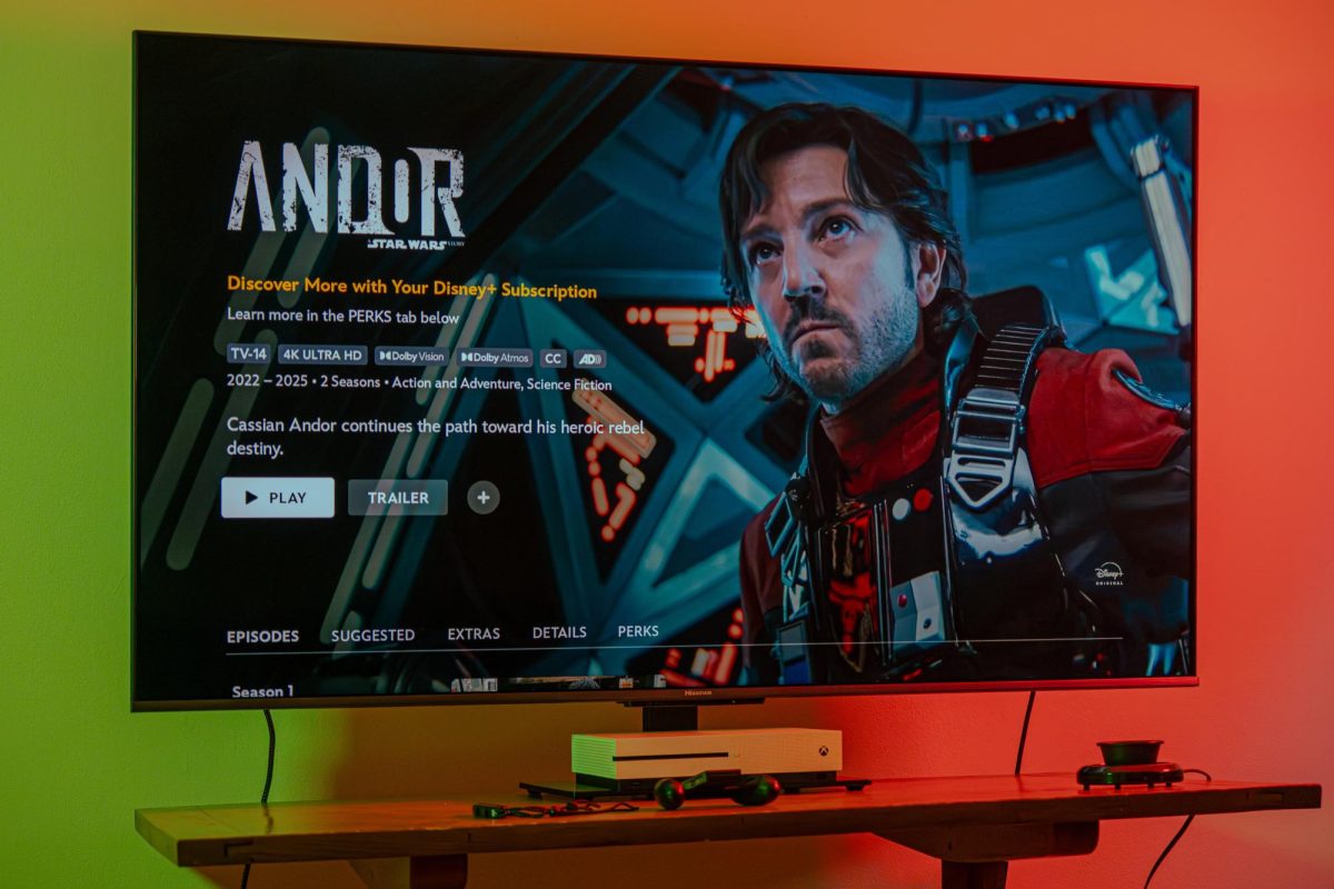 The Disney+ Star Wars TV series “Andor” is displayed on a TV. “Andor” originally premiered on Sept. 21, 2022, with the second and final season premiering on April 22, 2025. (Totus Tuus Keely | Northern Star)
