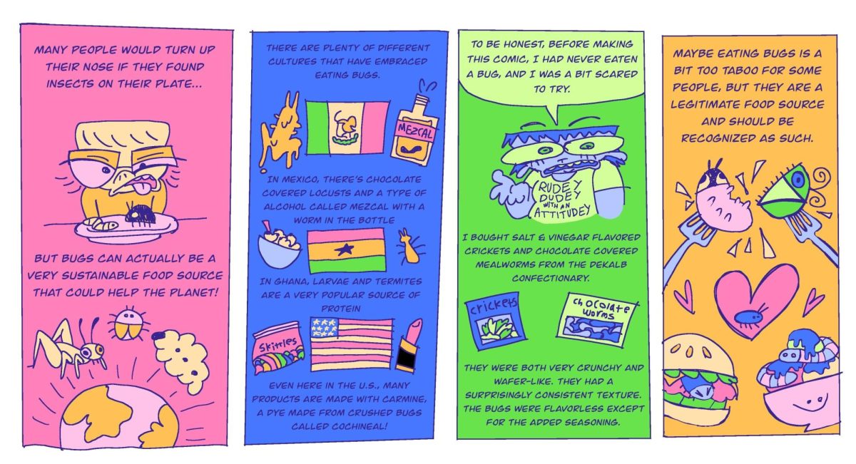 A panel cartoon shows how eating bugs can actually be a good thing. Opinion Columnist Lucy Atkinson argues that bugs are a legitimate food source and more people should consider eating them. (Maya Jean Kearsing | Northern Star)