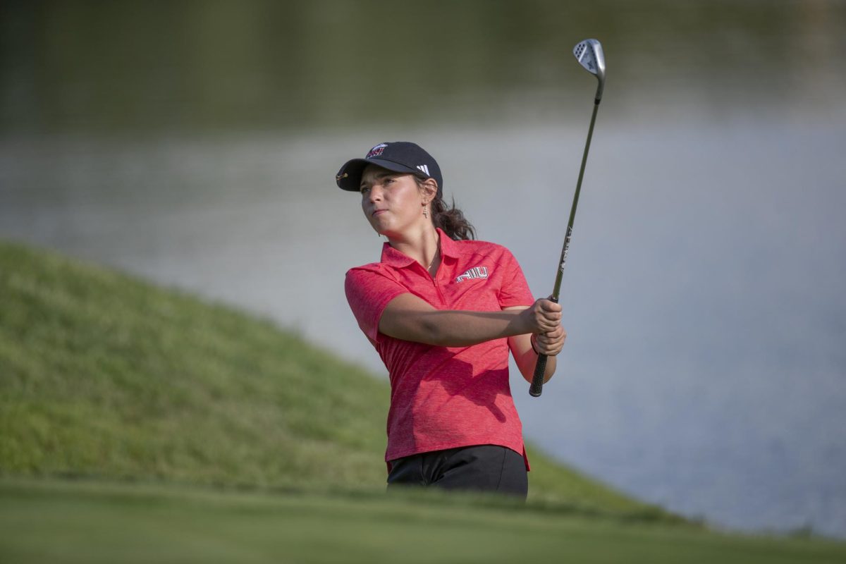 NIU women’s golf sophomore Dakota Tallent follows through a shot during practice at Rich Harvest Farms. Tallent was the highest placing Huskie at the White Sands Bahamas Invitational, which wrapped up Monday. (Courtesy of NIU Athletics)