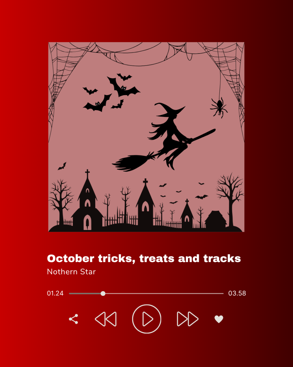 A graphic depicts a Spotify playlist titled "October tricks, treats and tracks." Check out the Northern Star Staff's favorite Halloween tunes. (Brynn Krug | Northern Star)
