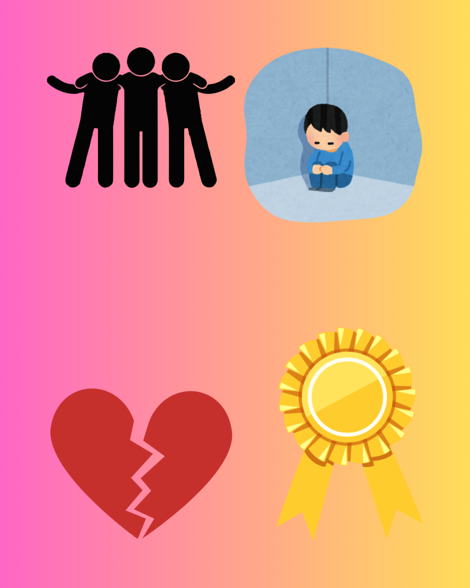 A graphic depicts a group of friends, a person feeling lonely, a broken heart and a medal representing life's accomplishments. Assistant Opinion Editor Emily Beebe argues it's OK for friendships to drift apart as people navigate their ways through life. (Emily Beebe | Northern Star)