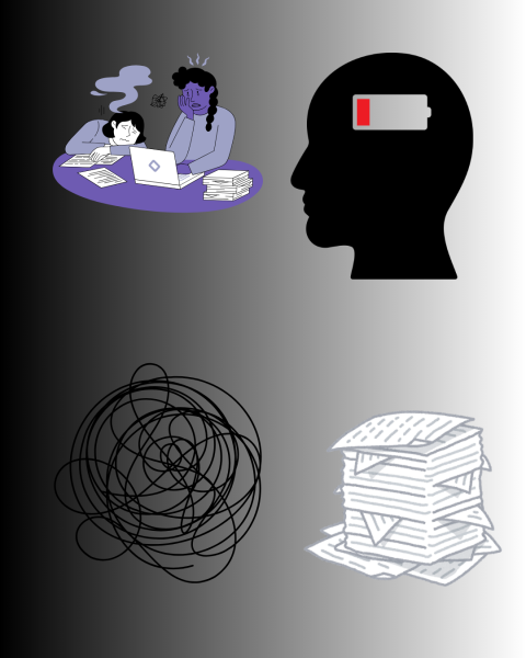 A graphic depicts two people who are overwhelmed, a person with a dying battery, a pile of papers stacked up and squiggles that represent thoughts being scattered inside someone's head. Assistant Opinion Editor Emily Beebe argues that it's important to take time for yourself and it doesn't make you lazy. (Emily Beebe | Northern Star)