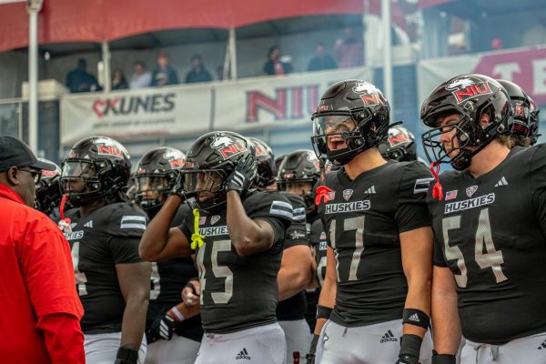 NIU football redshirt sophomore linebacker Filip Maciorowski (17) lets out a yell while NIU lines up in the north end zone before taking the field to face Ball State University. Sports Reporter Logan Whittington shares his three greatest takeaways from NIU’s 21-7 win over the Cardinals on Saturday. (Northern Star file photo)