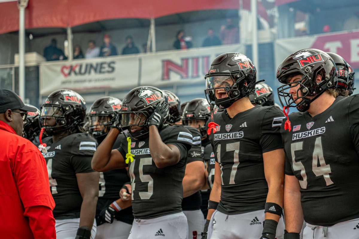NIU football redshirt sophomore linebacker Filip Maciorowski (17) lets out a yell while NIU lines up in the north end zone before taking the field to face Ball State University. Sports Reporter Logan Whittington shares his three greatest takeaways from NIU’s 21-7 win over the Cardinals on Saturday. (Northern Star file photo)