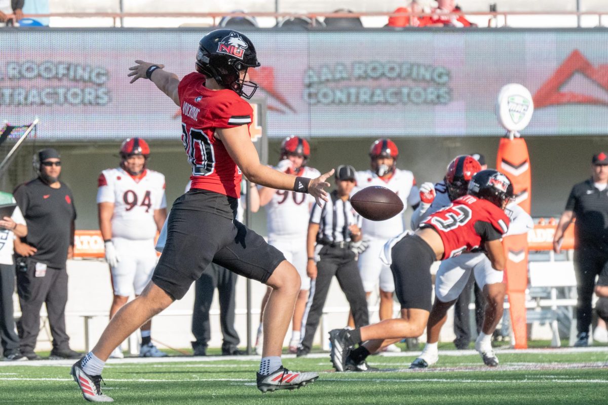 NIU football redshirt freshman punter Danny Vuckovic (90) punts the ball during NIU’s 6-3 loss to San Diego State University on Saturday. Sports Reporter Logan Whittington shares his three greatest takeaways from the loss. (Totus Tuus Keely| Northern Star) 
