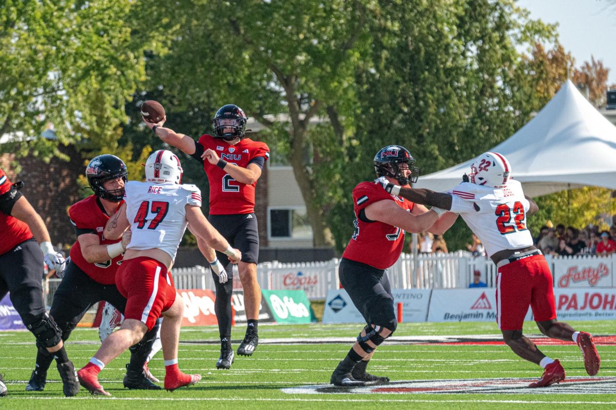 NIU football freshman quarterback Brady Davidson (2) throws a pass during the first quarter of the Huskies’ game against Miami University on Saturday. The Huskies fell in a 25-14 loss to the RedHawks to begin Mid-American Conference play. (Totus Tuus Keely | Northern Star)