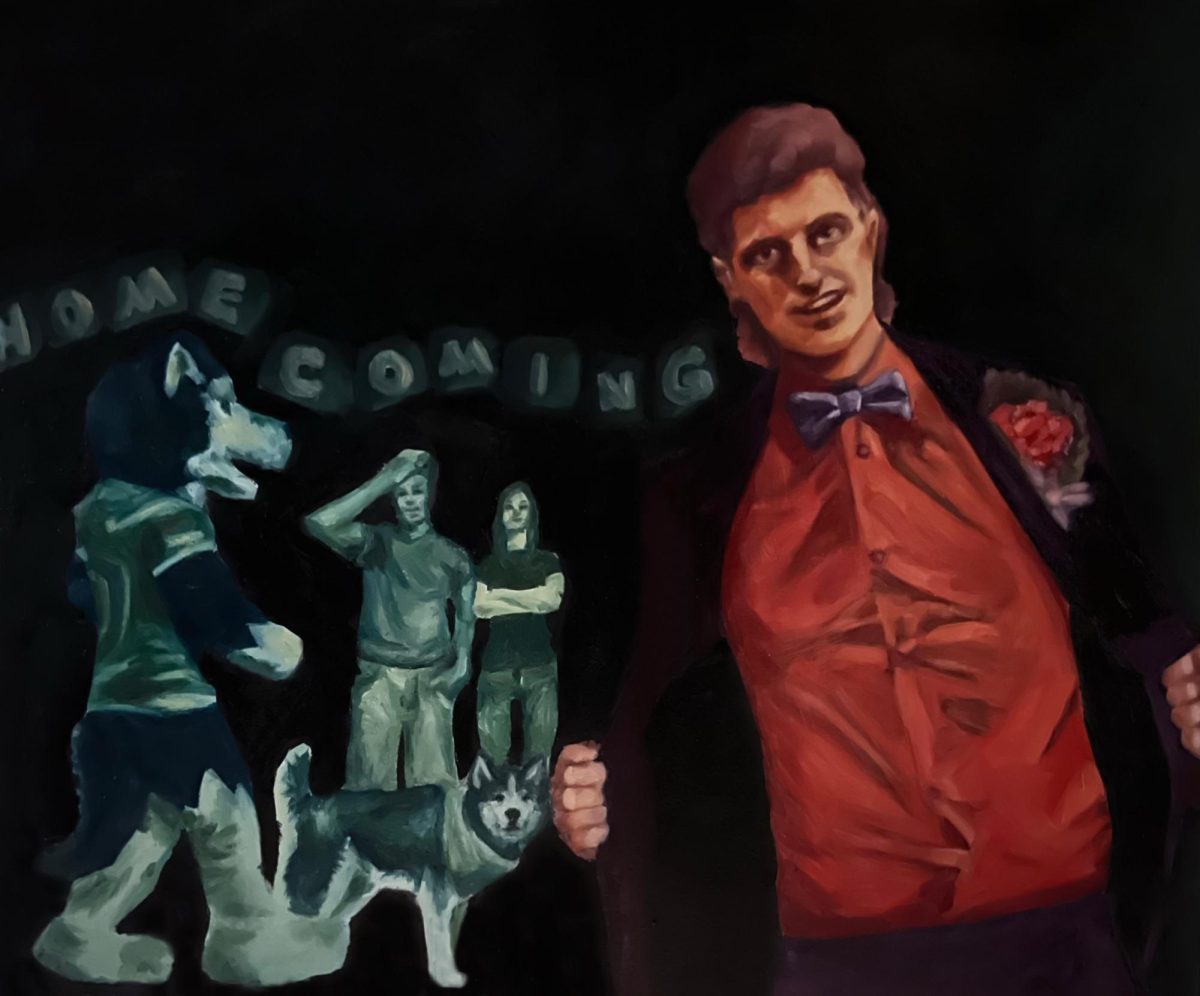A cartoon depicts a man showing up to a homecoming event overdressed. The Northern Star Editorial Board believes the homecoming events at NIU could be better. (Samantha Duthie | Northern Star)