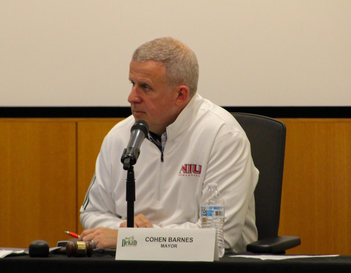 Mayor Cohen Barnes sits at the DeKalb City Council meeting March 24. The DeKalb City Council met Monday to discuss the city’s 2025 property tax levy, public safety funding and financial service agreements. (Northern Star File Photo)