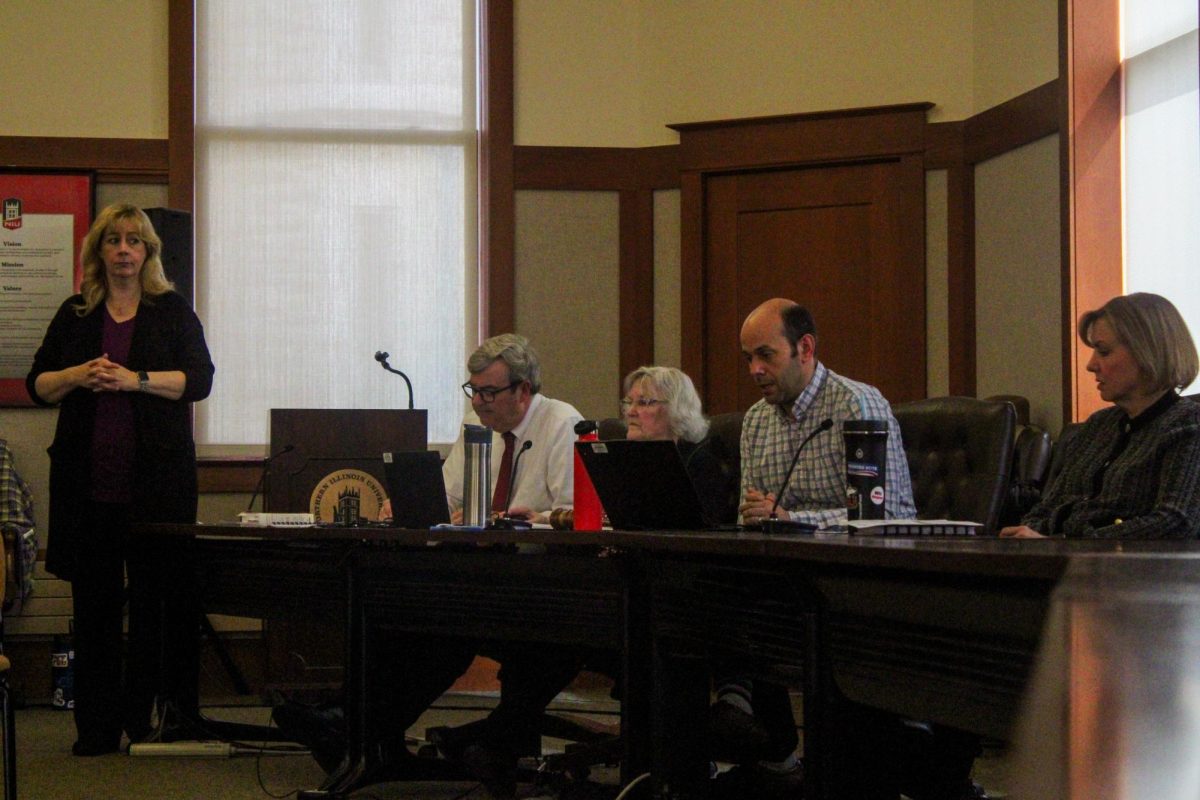 NIU's University Council is pictured at its meeting on April 2. The University Council discussed the implementation of a shared service model to NIU’s Department of Information Technology at its meeting Wednesday in Altgeld Hall. (Northern Star File Photo)