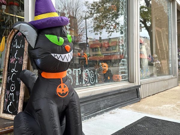 Halloween decorations sit in front of Cracker Jax in downtown DeKalb. Trick-or-treat hours for DeKalb and Sycamore residents will be from 4 p.m. to 7 p.m. Friday. (Austin Lamb | Northern Star)