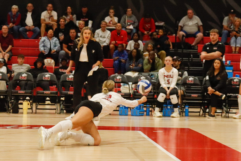 NIU volleyball sophomore outside hitter Ava Grevengoed (3) dives for the ball during the Huskies’ match against Central Michigan University on Sept. 25. The Huskies lost their first conference match on Thursday, getting swept by the Ball State University Cardinals. (Marco Alvarez | Northern Star)