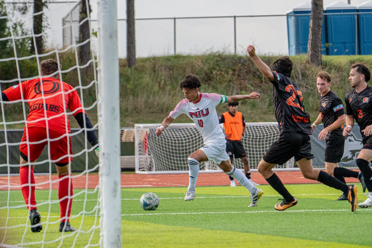 NIU men’s soccer senior midfielder Jose Gomez (10) drives the ball toward the goal during the Huskies’ match against Governors State University on Sept. 25. Gomez created 3 shots in NIU’s 2-1 comeback win over Bradley University on Saturday. (Totus Tuus Keely | Northern Star)