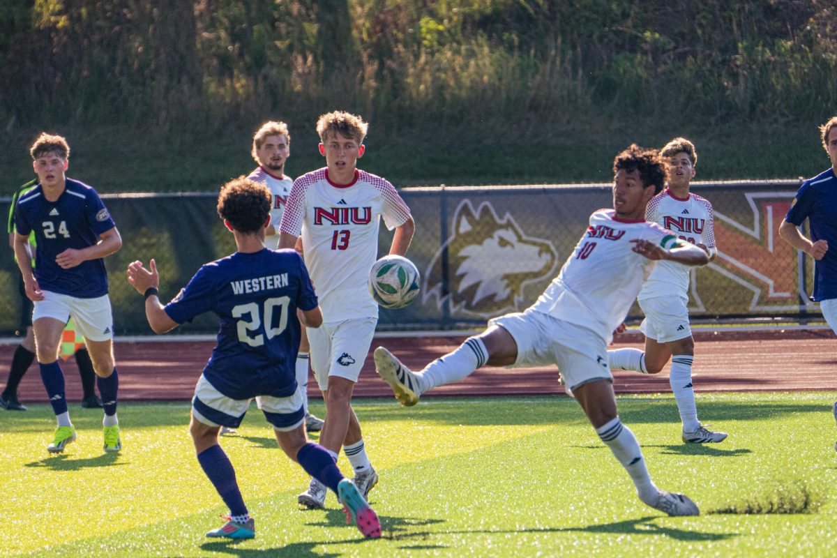 NIU men’s soccer senior forward Jose Gomez (10) goes for the ball during the Huskies’ match against Western Illinois University on Aug. 28. Gomez scored the first goal for NIU in a 2-2 tie against Belmont University on Friday. (Northern Star file photo)