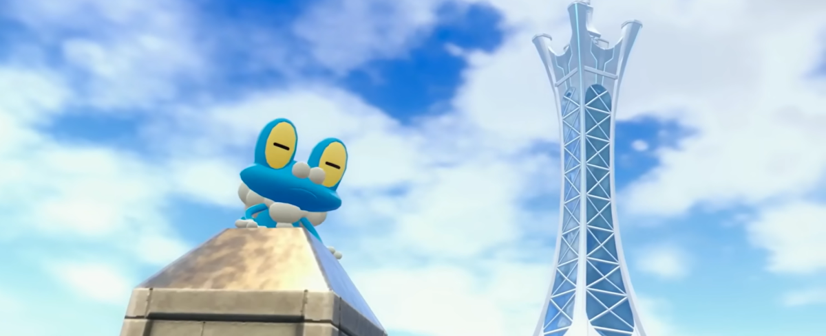 The Pokémon Froakie sits atop a tower with the Prism Tower in the background in "Pokémon Legends: Z-A." "Pokémon Legends: Z-A" released last Thursday with positives and negatives. (IGN under Fair Use)