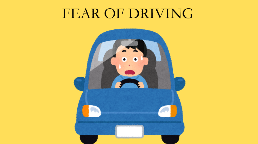 A graphic depicts a person driving in a car nervously with the text "FEAR OF DRIVING" above them. Opinion Columnist Lucy Atkinson stresses how its important to get over fears. (Kahlil Kambui | Northern Star)