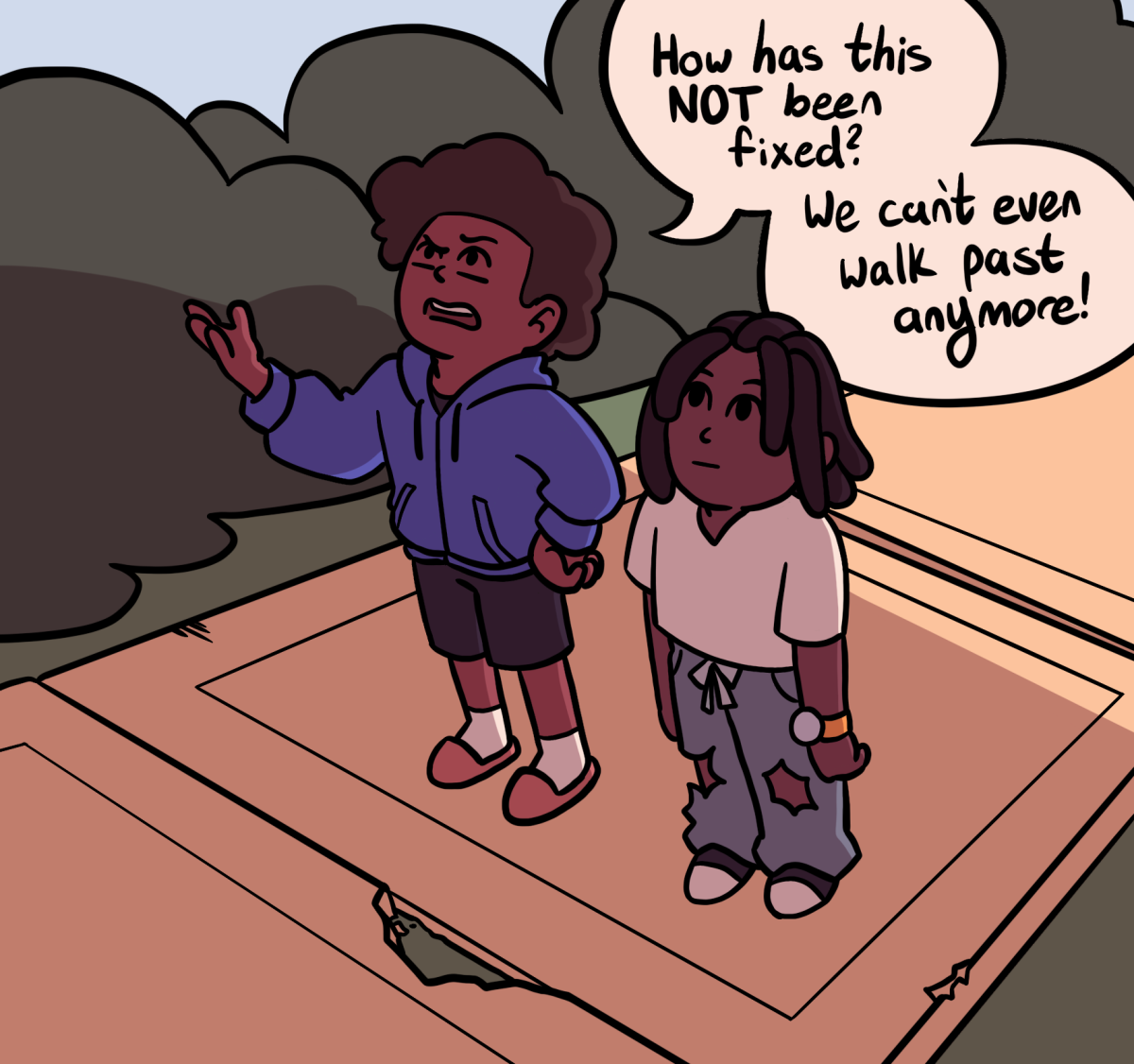 A cartoon depicts two people walking on a sidewalk. The broken sidewalk is preventing the people from walking across it. (Maxwell Lehmann | Northern Star)