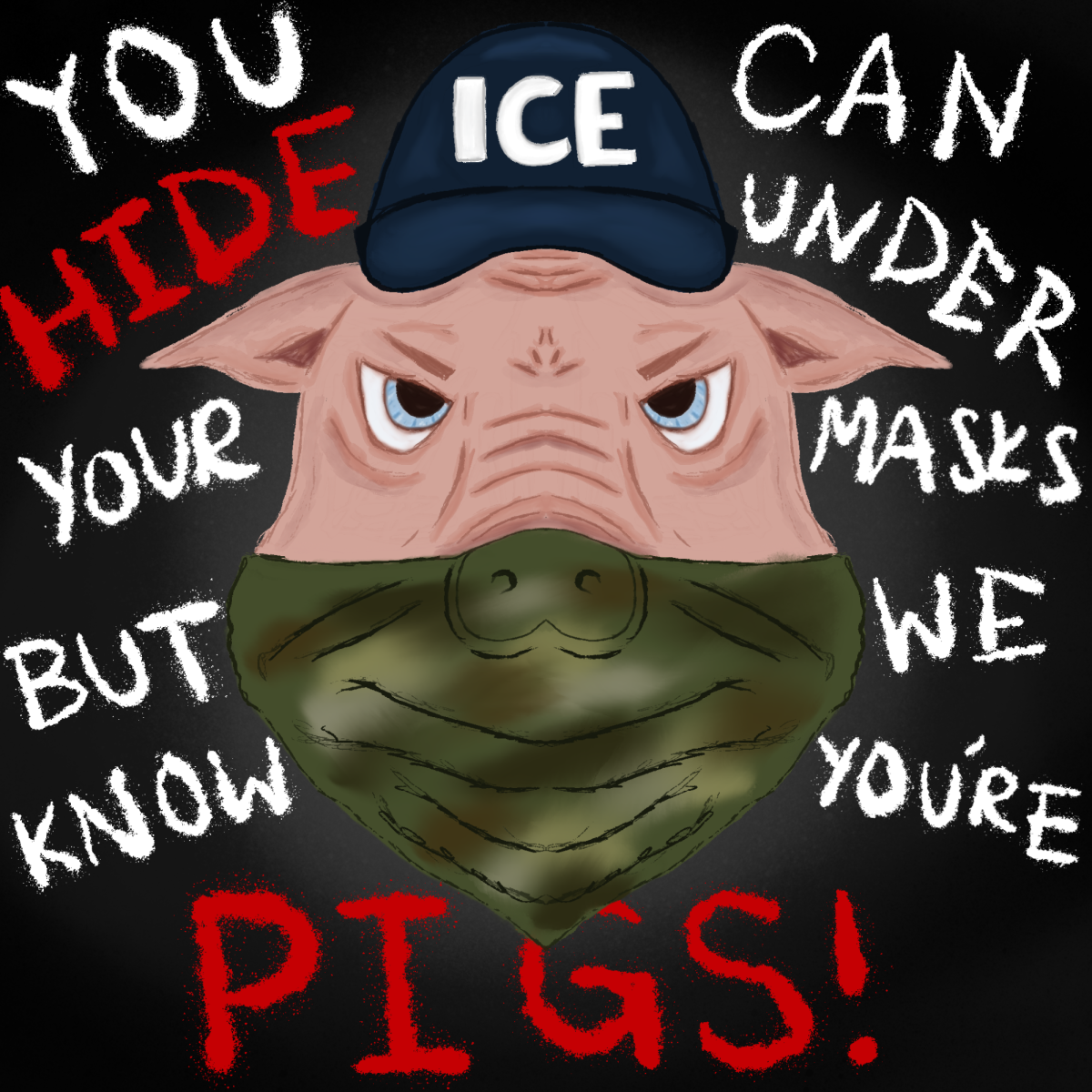 An Illustration of a pig wearing an Immigration and Customs Enforcement hat and camouflage pattern mask. Opinion Columnist Ethan Ernst argues that Law Officers should be identifiable and should not wear masks. (Lupita Diaz | Northern Star)