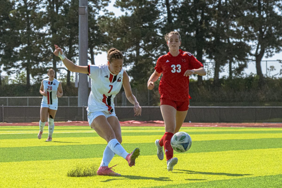 NIU women’s soccer senior defender Aubrey Robertson (7) makes a play on the ball during the Huskies’ match against Miami University on Sept. 14. The Huskies dropped their third straight match in a 3-0 loss to Ohio University on Sunday in Athens, Ohio. (Northern Star file photo)