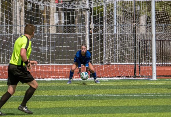 NIU women's soccer sophomore goalkeeper Lauren Pearson(1) receives anshot on goal during the first half of the Huskies' match against Miami University on Sept. 14. Pearson recorded 6 saves in NIU's 1-0 victory over Western Michigan University on Thursday. (Northern Star file photo)