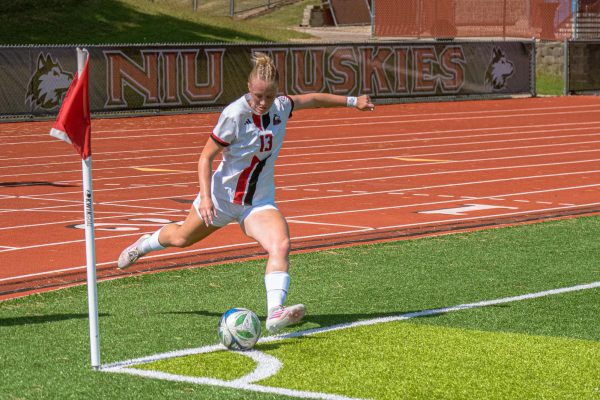 NIU women’s soccer freshman midfielder Zoe Mclauchlan takes a corner kick during the Huskies’ match against Miami University on Sept. 14. NIU dropped a 3-2 game against Eastern Michigan University on Sunday, putting the Huskies out of contention for the MAC tournament. (Northern Star file photo)