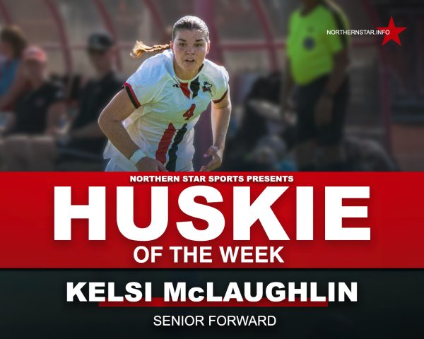 A graphic depicts NIU women’s soccer senior forward Kelsi McLaughlin as this week’s Huskie of the Week. McLaughlin scored the lone goal in NIU’s 1-0 victory over Western Michigan University on Thursday. (Edison Miller | Northern Star)