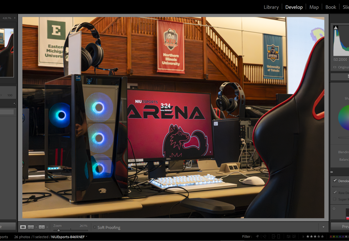 A computer at the Huskie Esports Arena shows the Huskie Logo. NIU Esports partnered with the Huskie Gaming club to host Huskie Rumble, from 6 p.m to 9 p.m on Wednesday at the Esports Arena in Altgeld Hall. (Totus Tuus Keely | Northern Star)
 