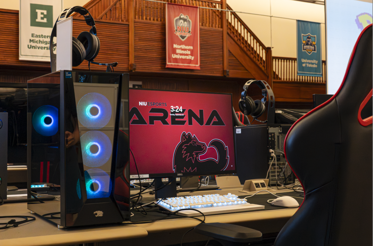 A computer at the Huskie Esports Arena shows the Huskie Logo. NIU Esports partnered with the Huskie Gaming club to host Huskie Rumble, from 6 p.m to 9 p.m on Wednesday at the Esports Arena in Altgeld Hall. (Totus Tuus Keely | Northern Star)
 
