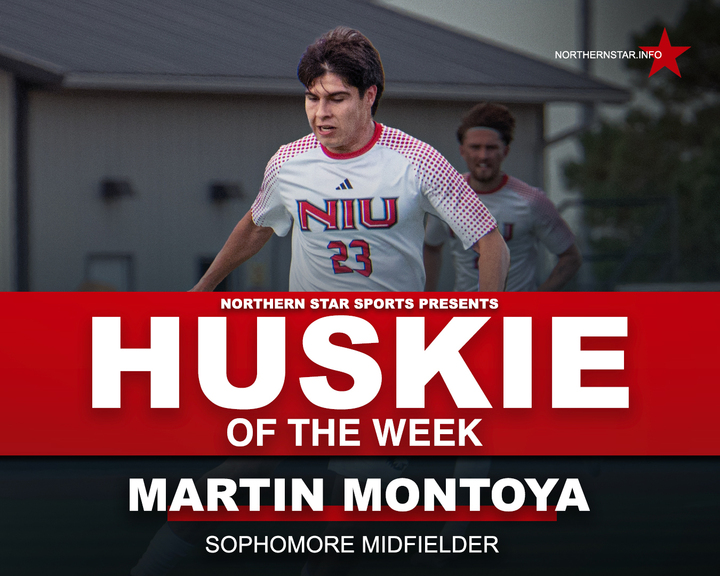A graphic depicts NIU men’s soccer sophomore midfielder Martin Montoya as this week’s Huskie of the Week. Montoya recorded an assist while scoring a goal in the Huskies' 2-1 win over Bradley University on Saturday. (Edison Miller | Northern Star)