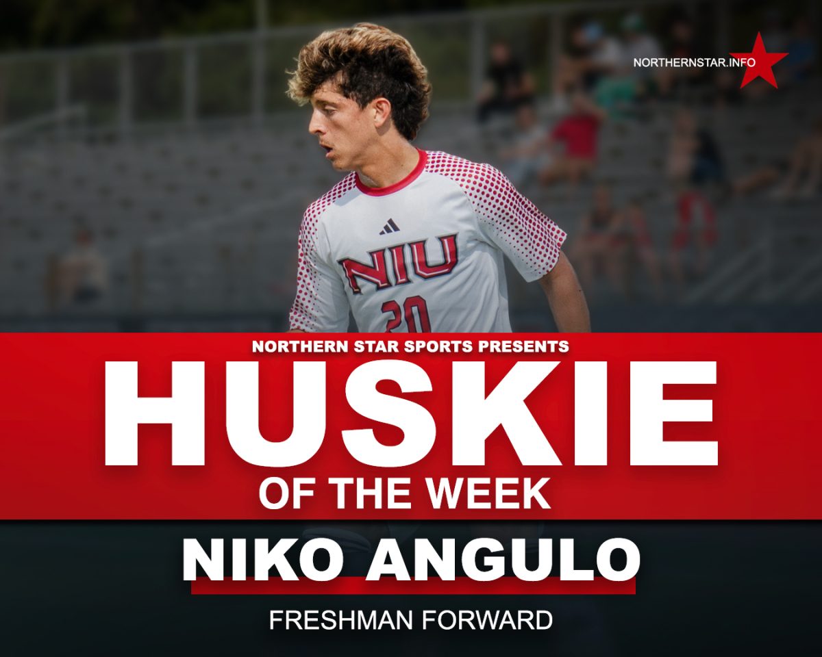 
A graphic depicts NIU men’s soccer freshman forward Niko Angulo as this week’s Huskie of the Week. Angulo scored the equalizer in the Huskies’ 2-2 draw with Belmont University on Friday.  (Edison Miller | Northern Star)