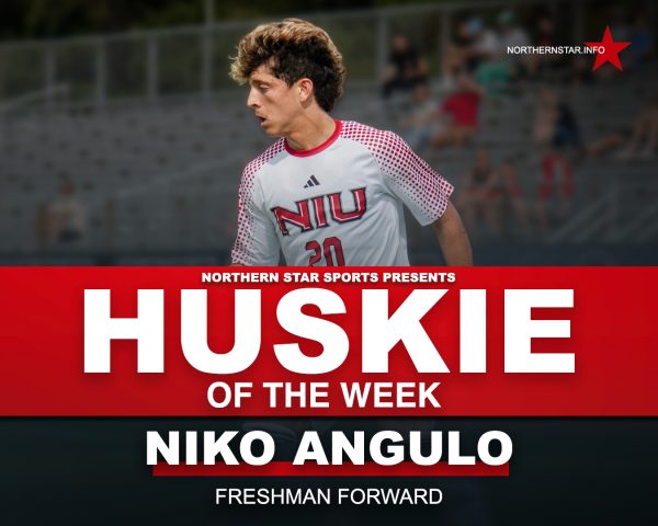 
A graphic depicts NIU men’s soccer freshman forward Niko Angulo as this week’s Huskie of the Week. Angulo scored the equalizer in the Huskies’ 2-2 draw with Belmont University on Friday.  (Edison Miller | Northern Star)