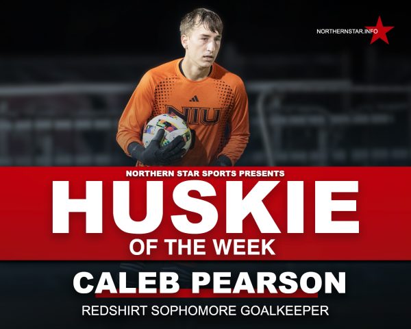 A graphic depicts NIU men’s soccer redshirt sophomore goalkeeper Caleb Pearson as this week’s Huskie of the Week. Pearson recorded a career-high 7 saves against the University of Illinois Chicago in NIU’s 2-1 victory over the Flames on Saturday. (Edison Miller | Northern Star)
