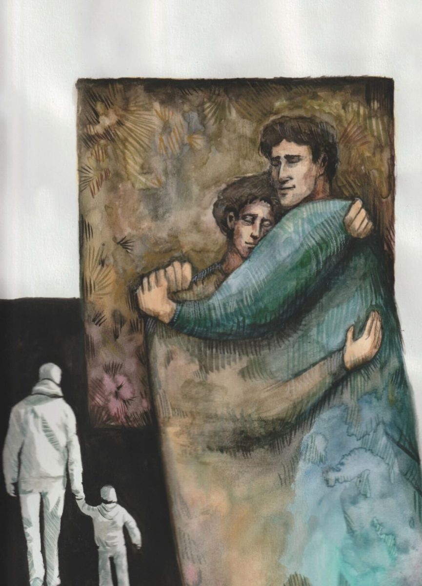 A cartoon depicts a father hugging his child and a father holding his child's hand. Opinion Editor Kahlil Kambui argues people who have fathers in their life need to be grateful as not everyone can say the same. (Samantha Duthie | Northern Star)