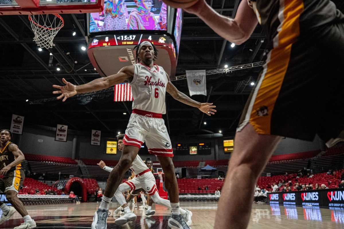 NIU men’s basketball freshman guard Taj Walters (6) defends an inbounding play during NIU’s exhibition game against Quincy University on Oct. 28. The Huskies fell to Austin Peay State University on Tuesday in a 77-59 loss. (Totus Tuus Keely | Northern Star)