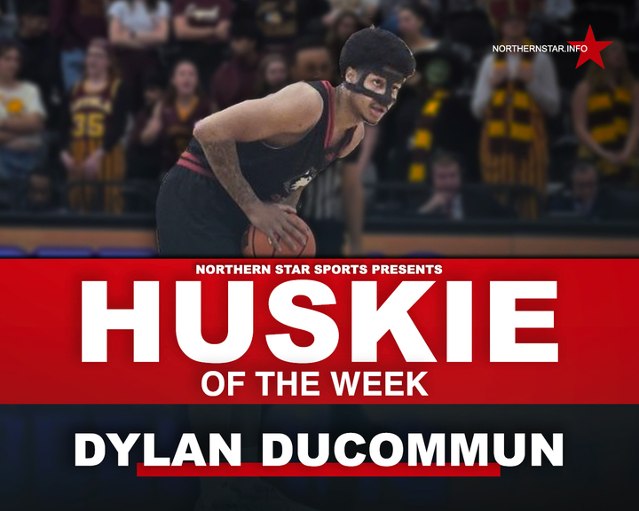 A graphic depicts NIU men’s basketball freshman guard Dylan Ducommun as this week’s Huskie of the Week. Ducommun earned the honor after scoring 24 points in the Huskies' 76-59 win against Loyola University Chicago on Friday. (Edison Miller | Northern Star)