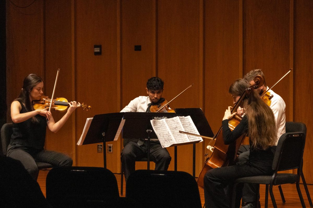 The Dákiti String Quartet performs during a performance on Nov. 24 in the Recital Hall in the Music Building. The Dákiti String Quartet  performed several pieces composed by Ludwig Von Beethoven, Dmitri Shostakovich and Felix Mendelssohn. (Grace Kilbreath | Northern Star)