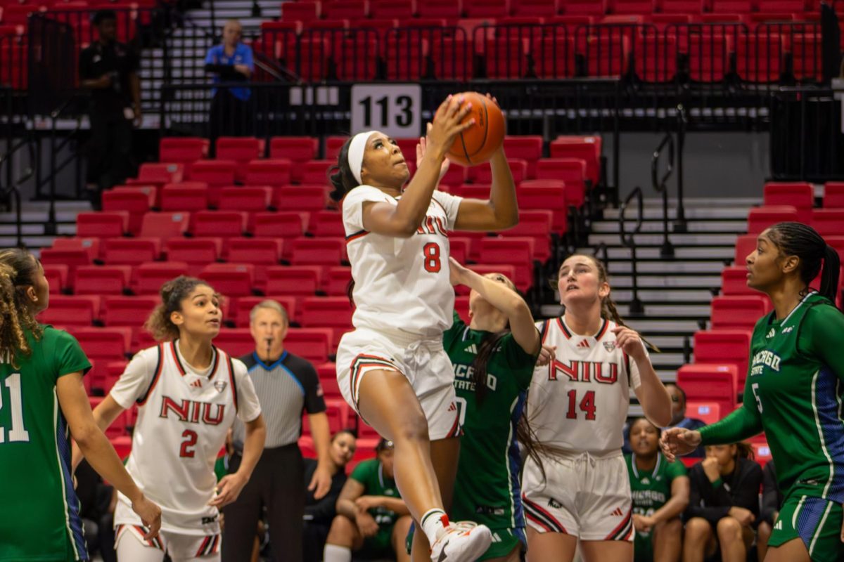 NIU junior forward Naveah Wingate (8) goes up for a shot during the Huskies’ game against Chicago State University on Nov. 24. Wingate was NIU’s third-highest scorer in a 69-61 loss to Indiana State University on Wednesday. (Ethan Rodriguez | Northern Star)