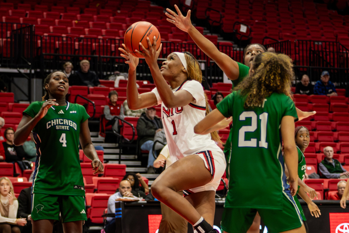 NIU senior forward Teresa Mbemba goes up for a shot during the Huskies’ game against Chicago State University on Nov. 24. Mbemba had 16 points in NIU’s 105-52 loss to No. 10 Iowa State University on Sunday. (Ethan Rodriguez | Northern Star)