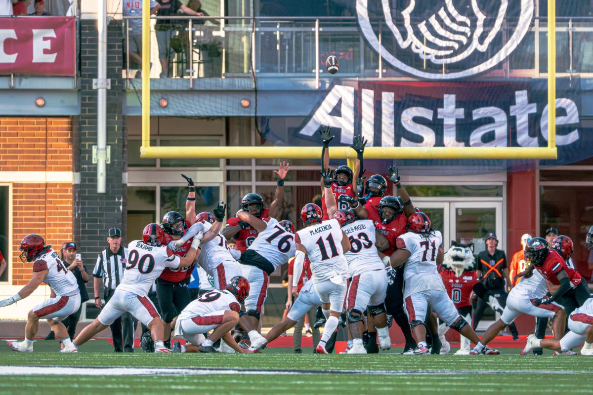 Members of the NIU football team attempt to block San Diego State’s field goal in the Huskies’ 6-3 loss on Sept. 27. The Mountain West Conference announced NIU’s conference opponents for the 2026 season on Tuesday. (Northern Star file photo)