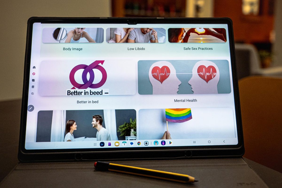 The app "Pleasure: Sexual Wellbeing," developed by Rstream Labs, is open on an Android tablet. Multiple apps exist for people to track, manage and maintain their sexual health. (Totus Tuus Keely | Northern Star)