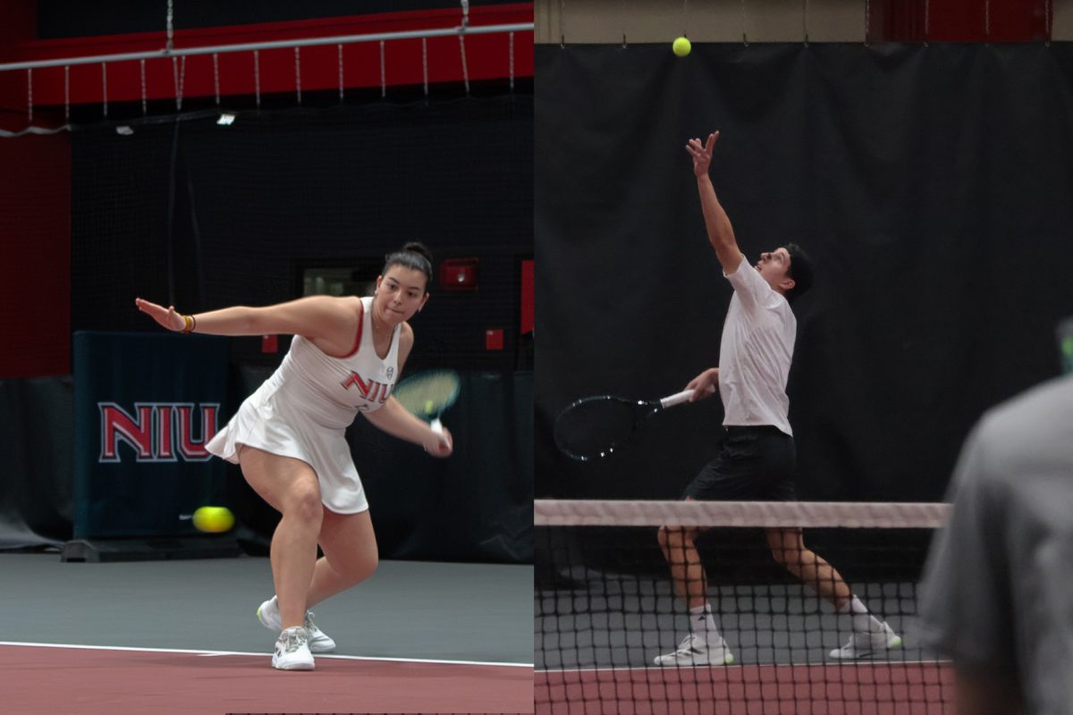 NIU women’s tennis sophomore Theodora Kousiou (left) returns the ball against Marquette University and NIU men’s tennis sophomore Nikola Puntaric serves against Indiana University Indianapolis on Friday in the Nelson Tennis Center at Chick Evans FIeld House. The women’s tennis team beat MU 6-1 and the men’s tennis team beat IU Indy 5-2. (Sanaa Scott and Aidan Penca | Northern Star)