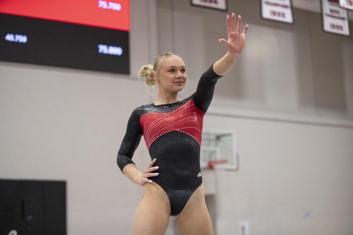 NIU gymnastics senior Jocelyn Harbeck competes her floor routine at the Red-Black Exhibition on Dec. 19. NIU gymnastics kicks off its 2026 campaign on Sunday against Kent State University. (Courtesy of NIU Athletics)
