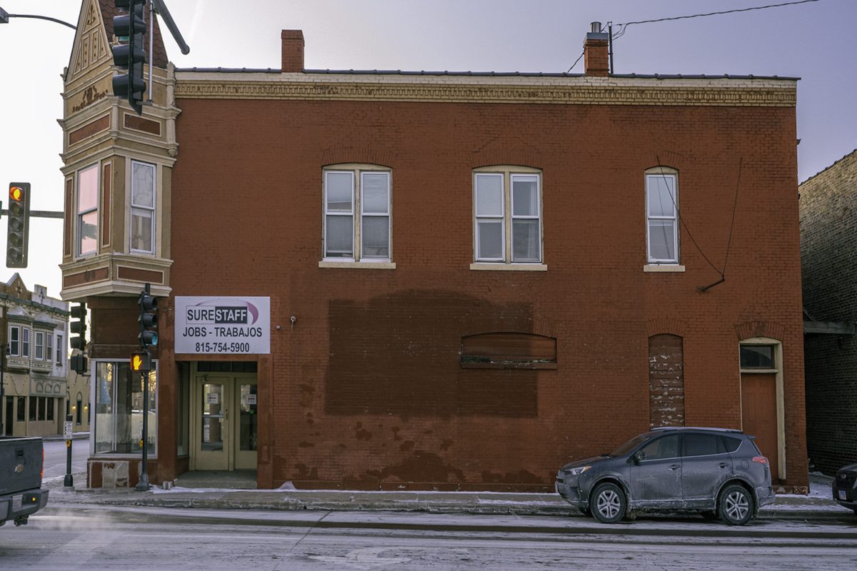 The wall sits with an outline of the previous mural on Monday at 107 N. 7th St. The mural will be completed by mid-June and done by artist Kirsten Sandlin. (Totus Tuus Keely | Northern Star)