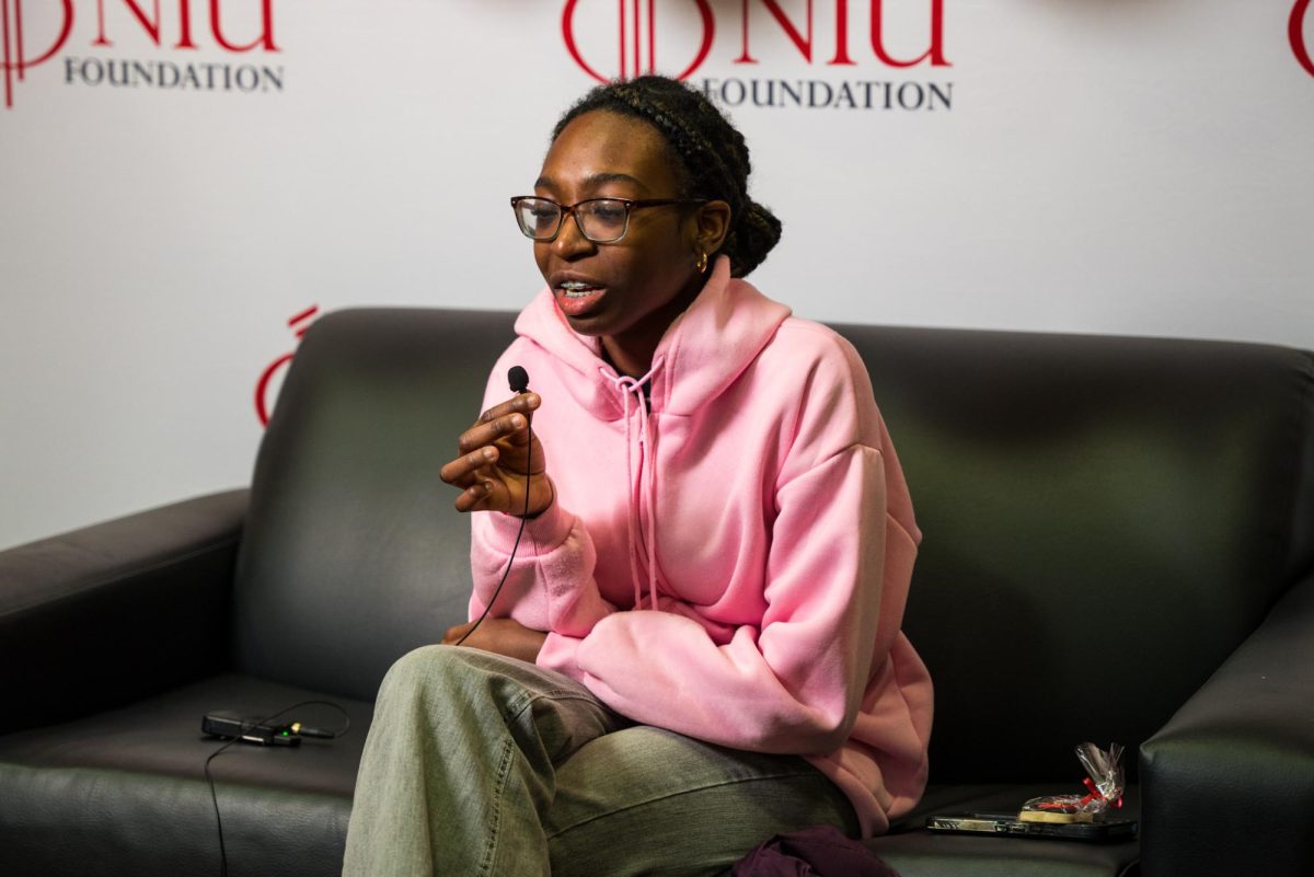 Sophomore biology major Christine Davis gives a thank you speech on Tuesday afternoon inside of Patterson Hall Community Center. The NIU Foundation raised over $2 million during Huskies United 2025. (Eric McGill | Northern Star)