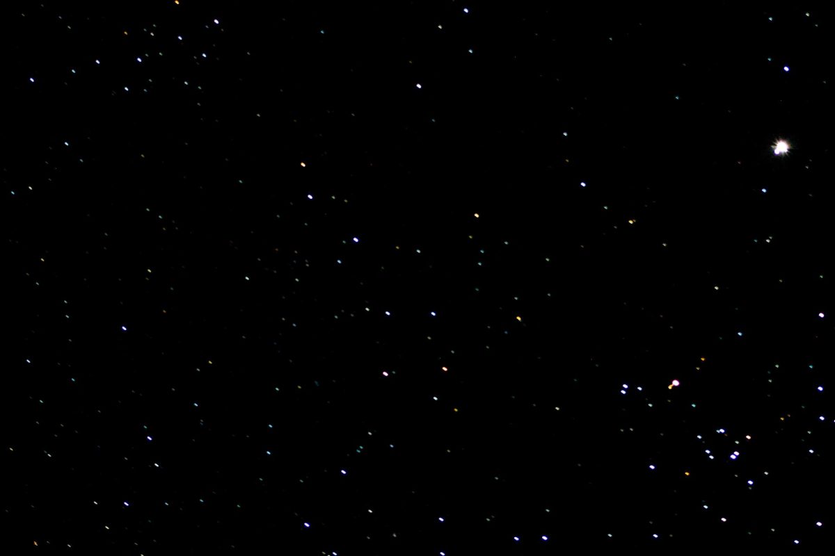 The Taurus constellation and Jupiter sit in the sky with the star Capella shining brightly off to the right, seen through the David Hall Observatory’s telescope last February. The observatory can be accessed from the fifth floor and will be open from 6-8 p.m. every Wednesday. (Northern Star File Photo)