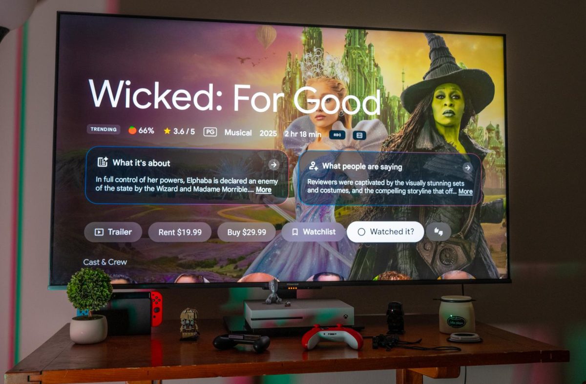 “Wicked: For Good” is displayed on the Google TV page. Lifestyle Writer Emily Beebe rates the “Wicked” sequel 8.5 out of 10 and believes it lacks behind Part 1. (Totus Tuus Keely | Northern Star)
