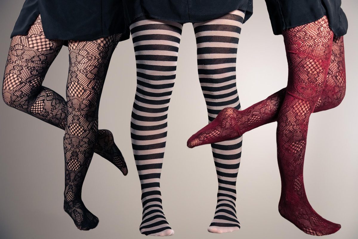 Various tights are arranged and modeled. Patterned and colorful tights are an easy way to make a look more fashionable this winter season. (Totus Tuus Keely | Northern Star)