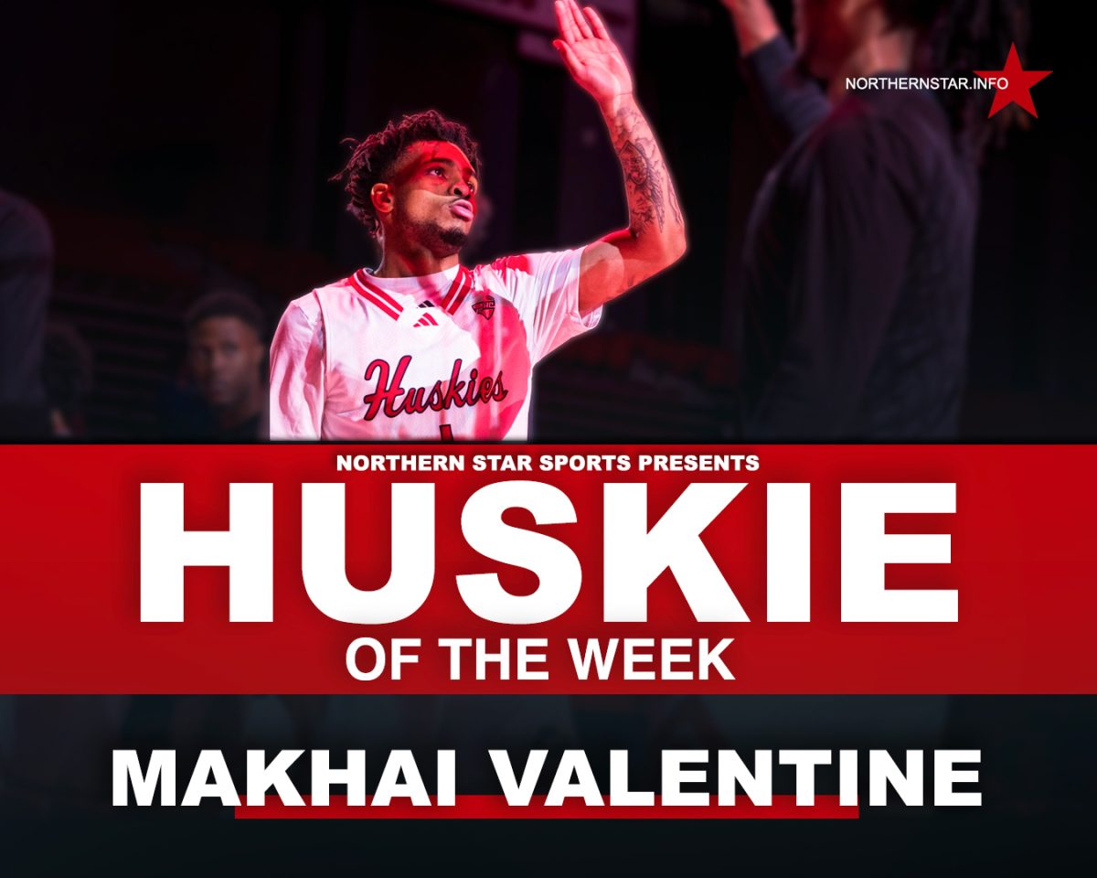 A graphic depicts men’s basketball sophomore guard Makhai Valentine as this week’s Huskie of the Week. Valentine scored 27 points in the Huskies’ 70-68 victory over UMass on Saturday. (Edison Miller | Northern Star)
