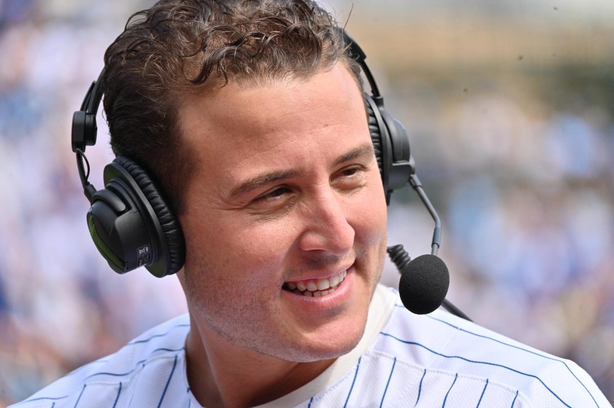 Former Chicago Cubs player Anthony Rizzo is interviewed before a game against the Tampa Bay Rays on Sept. 13 at Wrigley Field. (Patrick Gorski | Imagn Images)